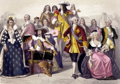 1610–1774. Marie de Medici, Ludvig XIII, Ludvig XV, Marie Antoinette ja Ludvig XVI. Kaiverrus 1800-luvulta. tekijältä Unknown artist