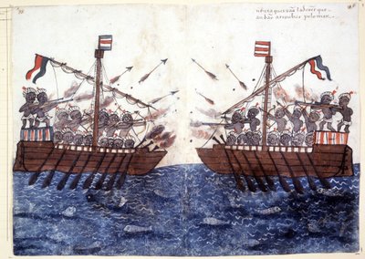 1500-luvun kaiverrus, joka kuvaa kohtaamista merirosvolaivan kanssa Intian valtamerellä. Rooman biblioteca Casantense. tekijältä Unknown artist