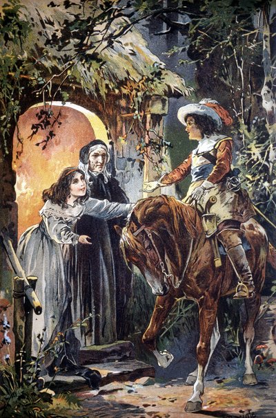 1800-luvun kuvitus, joka kuvaa jaksoa lastentarusta: ritari vierailemassa nuoren tytön ja tämän isoäidin luona. Kaiverrus. tekijältä Unknown artist