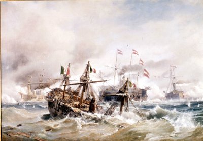 20.7.1866: Lissan taistelu Dalmatian edustalla: itävaltalaiset tuhosivat Italian laivaston. tekijältä Unknown artist