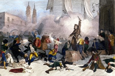 5.2.1808: Madridin kansannousu Espanjan Ranskan valtaamista vastaan. Kaiverrus 1800-luvulta tekijältä Unknown artist