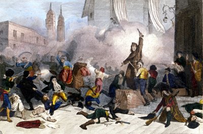 5.2.1808: Madridin kansannousu Espanjan Ranskan valtaamista vastaan. Litografia noin 1830. tekijältä Unknown artist