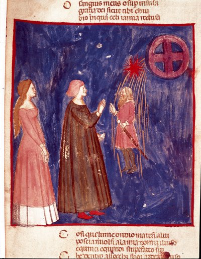 5. taivas: Dante ja Beatrice tapaavat lordi Cacciaguidan taistelijoiden sielujen taivaallisessa sfäärissä. Valaistu sivu, joka havainnollistaa Paratiisin laulua Dante Alighierin (1265-1321) "Divina Commediasta". 1300-luku, Venetsia, Biblioteca Marciana tekijältä Unknown artist