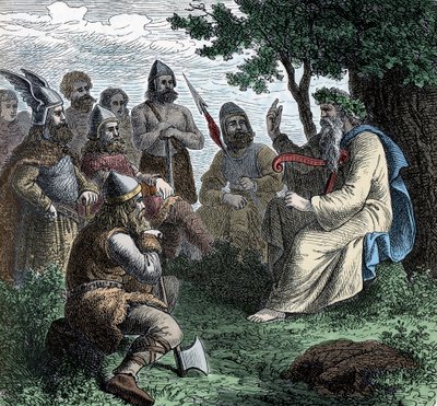 Bardi lausumassa pohjoismiehille - Viikinkisivilisaatio: Bardidruidi lausuu runoa sotureille, 8.-9. vuosisata tekijältä Unknown artist