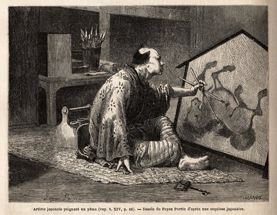 Japanilainen taiteilija maalaamassa yemaa (legendaarinen hevosmaalaus). Kaiverrus havainnollistamaan matkaa Japaniin vuosina 1863-1864, Sveitsin valaliiton ministeri Aime Hubert, "" Le tour du monde, nouveau journal des voyages" -julkaisussa, joka julkaist tekijältä Unknown artist