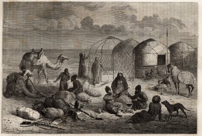 Turkestanin ja Persian raja-alueella sijaitseva turkomaanien leiri, jokaisessa teltassa, joka koostuu puisista ritiloista ja on peitetty huovalla, asuu perhe. Kaiverrus havainnollistamaan Henri de Blocquevillen tarinaa "14 mois de captivite chez les turcom tekijältä Unknown artist
