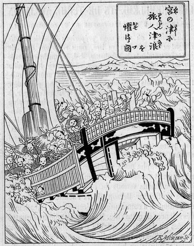 Maanjäristyksen muodostama tausta-aalto. Fac-simile (Fac-simile) kaiverruksesta japanilaisesta maanjäristysteoksesta. Kaiverrus "" La Nature: revue des sciences et de leurs applications aux arts et a l