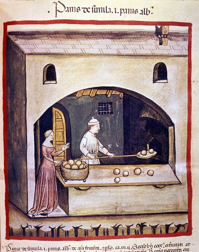 Leipuri valmistaa valkoista leipää ja mannasuurimoleipää. Valaistus lääketieteen ja dietetiikan lypsystä "" Tacuinum sanitatis"" tekijältä Unknown artist