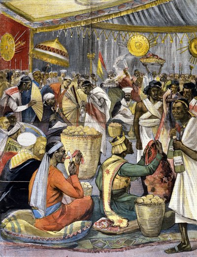 Juhlapäivä kuningas Menelik II:n (1844 - 1913) hovissa Etiopiassa. Ill. 1800-luvun lopun lehdistölle. tekijältä Unknown artist