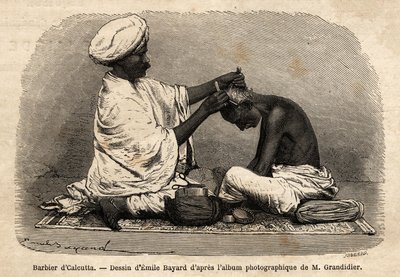 Parturi työskentelee Kalkutan kaduilla. Kaiverrus havainnollistamaan matkaa Intian pituuspiiriprovinsseissa, Alfred Grandidier, 1862-1864, julkaistu "" le tour du monde" -lehdessä, toimittanut D