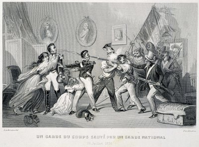 Henkivartija pelastaa kansalliskaartin (29. heinäkuuta 1830) - "Fasttes de Gardes nationales de Francessa" tekijältä Unknown artist