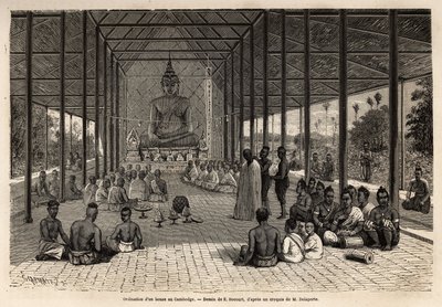 Bonze vihkimisseremonia temppelissä Angkorin läheisyydessä Kambodžassa. Kaiverrus havainnollistamaan tutkimusmatkaa Indokiinassa, luutnantti de Vaissseaun Francis Garnier, vuosina 1866-1868, julkaistu "" Le tour du monde""" 1870-1871, toimittanut tekijältä Unknown artist
