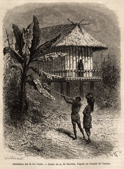 Pari intiaania Rio Verdestä (Brasilia) mies sarbakaanineen tyypillisen paalujen varassa olevan talon edessä. Kaiverrus havainnollistamaan matkaa New Granadaan, tohtori Saffray, vuonna 1869, julkaistu "" Le tour du monde""" 1873, toimittanut Edouard Charton tekijältä Unknown artist