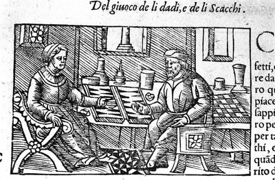 Pari pelaa noppaa. Kaiverrus "Historia de gentis septemtrionalis" jälkeen, Olaus Magnus, Rooma 1560. tekijältä Unknown artist