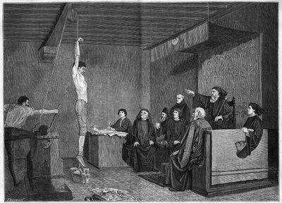 Tuomioistuin 1400-luvulla - kuulustelu. Kysymys ripustetaan painoilla jaloissa. Kaiverrus Salon de 1875:ssä esitellyn Adolphe Steinheilin (1850-1908) maalauksen jälkeen. tekijältä Unknown artist