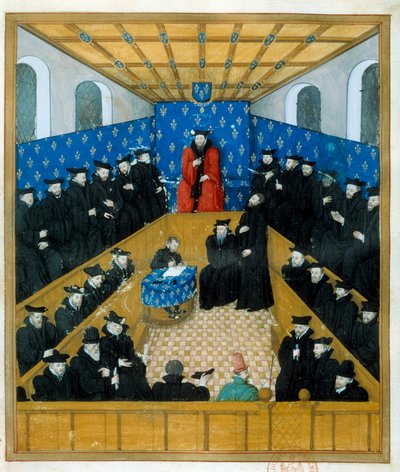 Tuomioistuin 1400-luvulla. Miniatyyri. Paris, B N tekijältä Unknown artist