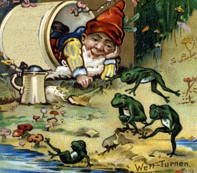 Kääpiö tai farfadet leikkii sammakoiden kanssa. 1800-luvun kromolitografia. tekijältä Unknown artist
