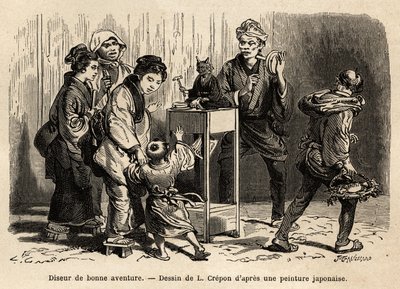 Ennustaja Edon (nykyisen Tokion) kaduilla. Kaiverrus havainnollistamaan matkaa Japaniin, Aime Humbert, Sveitsin valaliiton ministeri, vuosina 1863-1864, julkaistu "" le tour du monde" -lehdessä Edouard Chartonin ohjauksessa, Hachette, Pari tekijältä Unknown artist