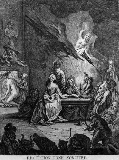 Noita ottaa vastaan tytön, jota ympäröivät hirviömäiset olennot (vihkimisseremoniassa?). Kaiverrus 1600-luvulta tekijältä Unknown artist