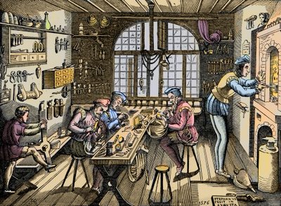 Kultasepänpaja - Käsityö: Etienne Delaunen (1518-1583), kultasepän, ranskalaisen kirjapainon työpajan näkymä. Kaiverrus alkuperäisen mukaan vuodelta 1576. Etienne Delaulnen, kultasepän työpaja Pariisissa tekijältä Unknown artist