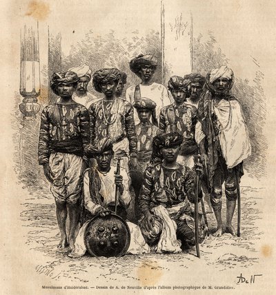 Muslimimiesryhmä Haiderabadissa Pakistanissa. Kaiverrus havainnollistamaan matkaa Intian pituuspiiriprovinsseissa, Alfred Grandidier, 1862-1864, julkaistu "" le tour du monde" -julkaisussa, D