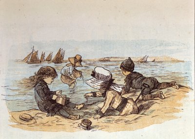 Ryhmä lapsia leikkimässä veden äärellä hiekalla. 1881 tekijältä Unknown artist