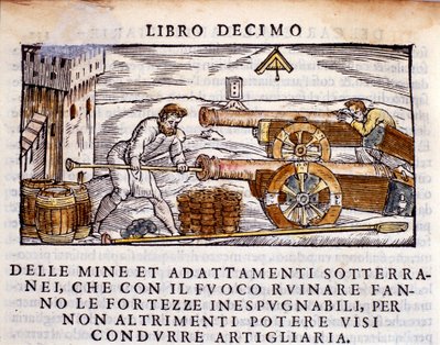 Tykkimies lataa aseeseen räjähteitä. Kaiverrus metallurgisesta lypsystä "" De la Pyrotechnia" (tai Pirotechnia), kirjoittanut Vannoccio Biringuccio (1480-1539) 1550. tekijältä Unknown artist