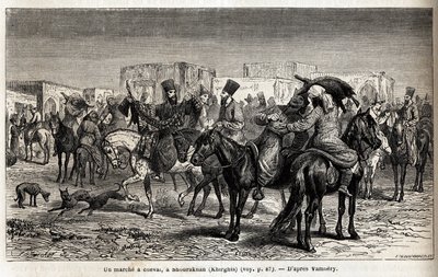 Hevoskävely Shurakhanissa (Kirgisia tai Kirgisia). Emile Bayardin (1837-1891) piirustus havainnollistamaan matkaa Keski-Aasiaan vuonna 1863, Arminius Vamberyn (unkarilainen tiedemies naamioitunut dervishiin). Kaiverrus kirjassa "" Le tour du monde", toimit tekijältä Unknown artist