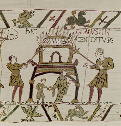 Normanit polttivat talon, Bayeux Tapestry (villakirjonta pellavalle) tekijältä Unknown artist