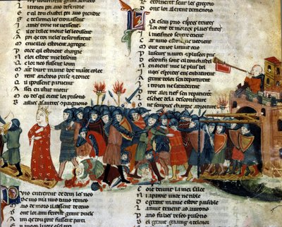 Kuningas joutuu vangiksi vihollisen armeijan toimesta, kun taistelun uhrit makaavat maassa. Benoit de Saint Mauren "Roman de Troy" -miniatyyri. 1300-luvun Biblioteca Marciana, Venetsia tekijältä Unknown artist