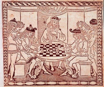 Kuningas katsomassa shakkipeliä Ksylografia Jacopo de Cessolesin (1300-luku) "De Ludo Scorcorum" -elokuvasta Venetsian Biblioteca Marciana tekijältä Unknown artist