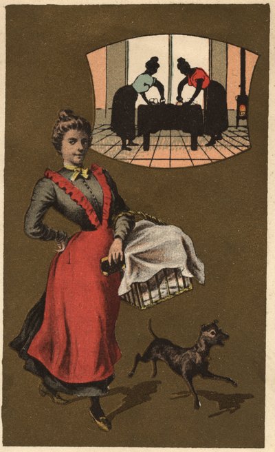 Pyykinpesukone, joka kuljettaa pyykkiä korissa. Anonyymi kromolitografia, 1800-luvun loppu. tekijältä Unknown artist