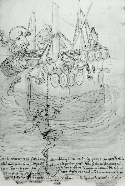 Mies yrittää korjata veneen runkoa maskilla. tekijältä Unknown artist