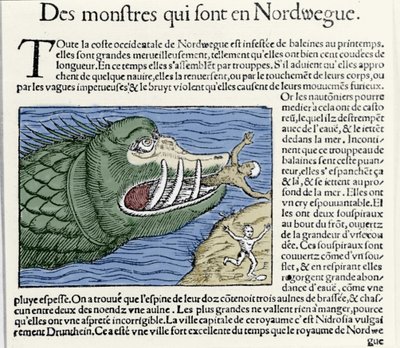 Merihirviö voittaa uimarin lähellä Norjan rannikkoa. Kaiverrus Olaus Magnus (1490 - 1557), ruotsalainen uskonnollinen ja maantieteilijä, "Historia de Gentis Septentrionalibus", Venetsia tekijältä Unknown artist