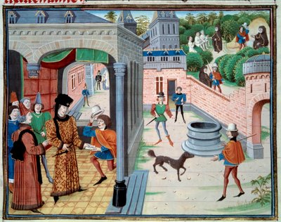 Sanansaattaja. Miniatyyri Loyset Liedetin käsikirjoituksesta "Renaud de Montauban" tai "Les quatre fils Aymon" (toimii vuosina 1448-1478). Ms. 5073. 1400-luvun Bibliotheque de l