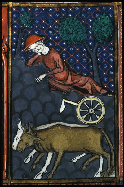 Talonpoika lepää, hänen vieressään härät ja miniaura 1300-luvulta. tekijältä Unknown artist