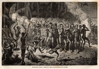 Pilou-pilou (tai pilleri tai pilleri) yöllä, perinteinen kanak-heimojen seremonioiden tanssi. Kaiverrus havainnollistamaan matkaa Uuteen Kaledoniaan, Jules Garnierin, kaivosinsinöörin, 1863-1866, julkaistiin "Le tour du monde, nouveau jour" tekijältä Unknown artist