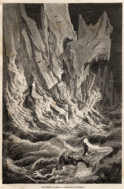Jääkarhu on peräisin jäävuorelta, kun Spitzbergistä, Jäämeren saaristosta, jäälohkon romahtaminen, piirros V. Foulquier, havainnollistaa Huippuvuoret vuosina 1838-1839, Charles Martins. Kaiverrus kirjassa "" Le tour du monde"", toimittanut tekijältä Unknown artist
