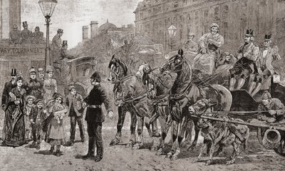 Poliisi pysäyttää liikenteen vilkkaasti liikennöidyssä risteyksessä, jotta jalankulkijat voivat ylittää tien, Lontoo, Englanti. tekijältä Unknown artist
