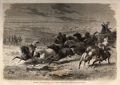 Rodeo Lauramarcassa (Ala-Peru), villihevosten pyydystäminen, ennen niiden rautamerkintää alueen omistajan nimikirjaimilla, jota pidettiin täydellisenä spektaakkelina, monia badaudeja kokoontui. Kaiverrus havainnollistamaan matkaa Quinquinin laaksoissa tekijältä Unknown artist