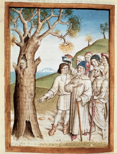 Etsintämies piiloutuu miniatyyripuun runkoon saksankielisestä käännöksestä Bidpain "Kalila (Calila) ja Dimna" -taruista. (ms. 1389, fol. 36) noin 1480 Chantilly, museo Conde tekijältä Unknown artist