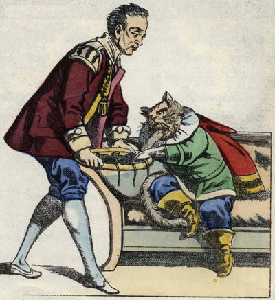 Palvelija palvelee kissa saappaat hiiren tarjotin. Kuvitus Charles Perraultin tarinasta "Kissapullo". tekijältä Unknown artist