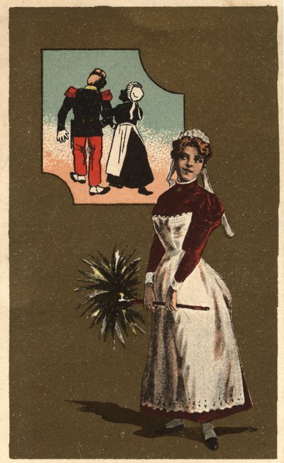 Palvelija, jolla on höyhen. Hän on haaveillut komean sotilaan kädestä. Anonyymi kromolitografia, 1800-luvun loppu. tekijältä Unknown artist