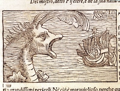 Kaskelotti (?) (fyseteri) hyökkää laivan kimppuun. Kaiverrus Olaus Magnus (1490 - 1557), ruotsalainen uskonnollinen ja maantieteilijä, "History of the Northern Nation", Venetsia tekijältä Unknown artist