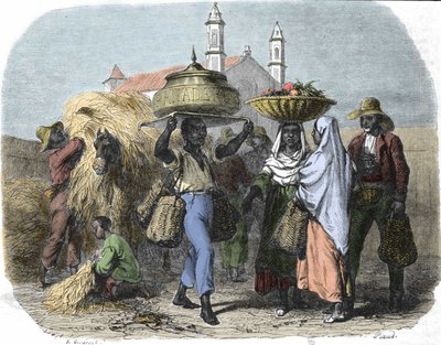 Matkustava leipämyyjä Kuubassa, kaiverrus vuodelta 1870 tekijältä Unknown artist