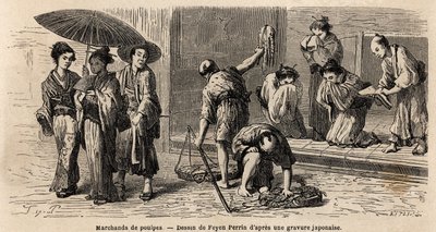 Matkustava mustekalakauppias tarjoaa tuotteitaan ohikulkijoille Edo Streetillä (tai Yedo Streetillä, nykyisessä Tokiossa). Kaiverrus havainnollistamaan matkaa Japaniin vuosina 1863-1864, Sveitsin valaliiton ministeri Aime Humbert "Le tour du monde, nouveau tekijältä Unknown artist