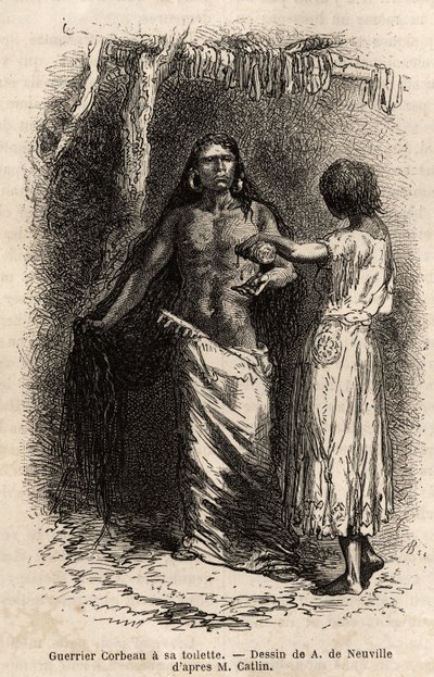 Crow-intiaaniheimon (varikset) soturi, joka asuu Lewis-joen varrella ja käy vessassa. G. Catlinin vuonna 1855 tekemä kaiverrus, joka havainnollistaa Kolumbian ja Ylä-Missourin altaiden intiaaniheimojen välistä tutkimusmatkaa, julkaistiin lehdessä "" le tou tekijältä Unknown artist