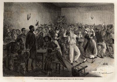 Hääjuhla Salersissa, kaiverrus havainnollistamaan matkaa Keski-Ranskan tulivuorille vuonna 1864 "Le tour du monde, nouveau journal des voyages" -julkaisussa, joka julkaistiin Edouard Chartonin johdolla. tekijältä Unknown artist