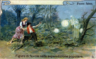 Villi tuli, hajavalo, joka näkyy yöllä soiden ja hautausmaiden lähellä, olisi nokkela henki kansanperinteestä. kromolitografia 1800-luvulta. tekijältä Unknown artist