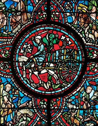 Viinikauppias kuljettaa viinitynnyriä, joka on sidottu kärryihin vahvalla köydellä (lasimaalauksia). tekijältä Unknown Artist